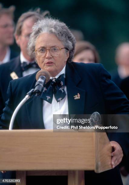 Official Judy Bell talking to the crowd during the Walker Cup golf competition held at the Quaker Ridge Golf Club, New York, circa August 1997. The...