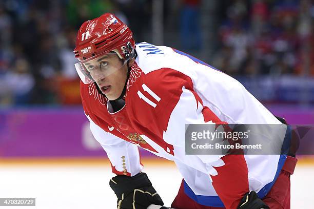 Yevgeni Malkin of Russia looks on during the Men's Ice Hockey Quarterfinal Playoff against Finland on Day 12 of the 2014 Sochi Winter Olympics at...