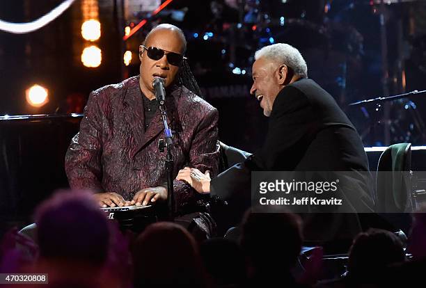 Stevie Wonder and Bill Withers perform onstage during the 30th Annual Rock And Roll Hall Of Fame Induction Ceremony at Public Hall on April 18, 2015...