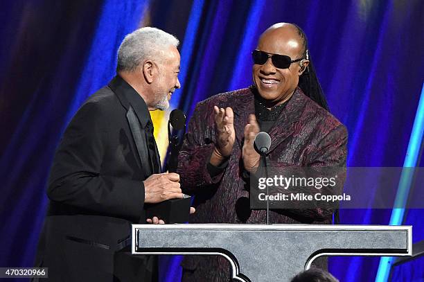 Stevie Wonder inducts Bill Withers onstage during the 30th Annual Rock And Roll Hall Of Fame Induction Ceremony at Public Hall on April 18, 2015 in...