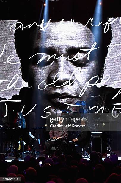 Stevie Wonder and Bill Withers perform onstage during the 30th Annual Rock And Roll Hall Of Fame Induction Ceremony at Public Hall on April 18, 2015...