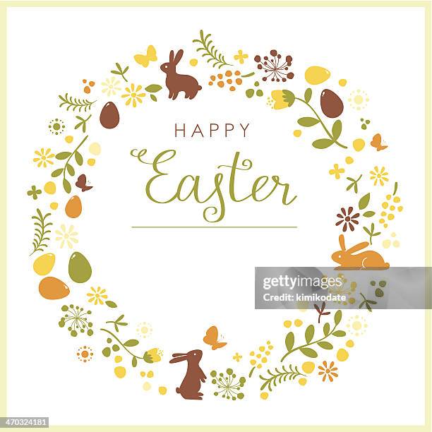 happy easter wreath card - hare stock illustrations