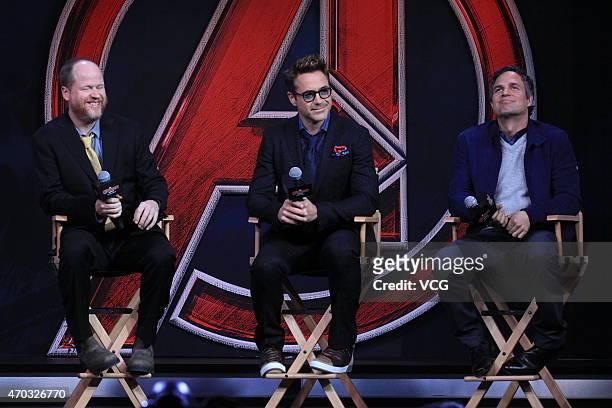 Director Joss Whedon, actor Robert Downey Jr. And actor Mark Ruffalo attend press conference of movie "Avenger: Age of Ultron" on April 19, 2015 in...