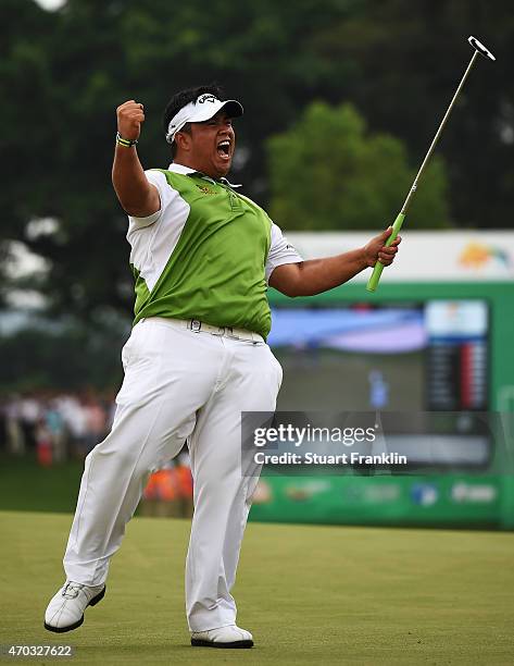 Kiradech Aphibarnrat of Thailand celebrates his winning putt during the play off against Li Hao Tong of China afterthe final round of the Shenzhen...