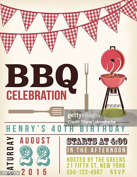 retro bbq invitation template with checkered flags above. - picnic stock illustrations