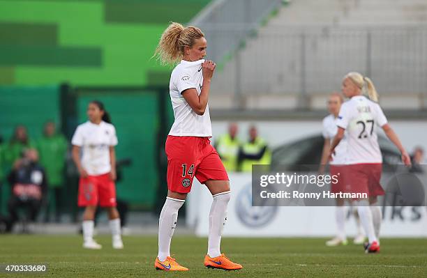 Kheira Hamraoui of Paris Saint-Germain leaves the pitch after receiving a red card during the first UEFA Women's Champions League semi final match...