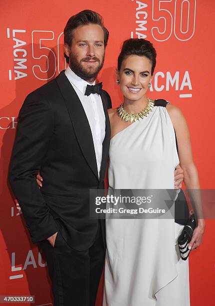 Actor Armie Hammer and Elizabeth Chambers arrive at LACMA's 50th Anniversary Gala at LACMA on April 18, 2015 in Los Angeles, California.