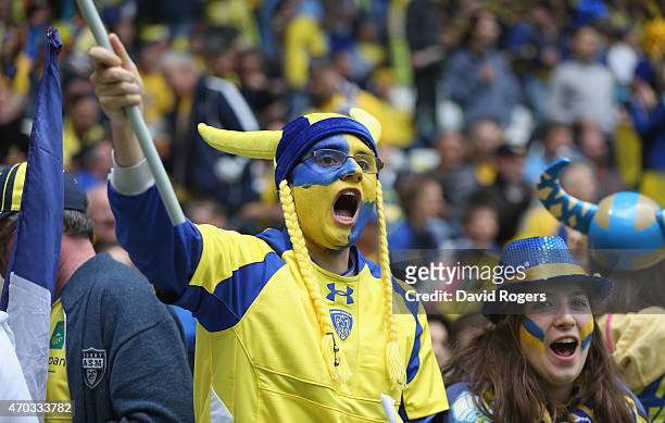 Clermont Auvergne fans shout encouragement during the European Rugby Champions Cup semi final match between ASM Clermont Auvergne and Saracens at...