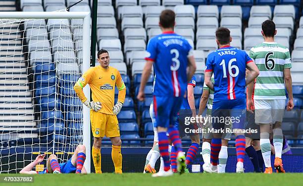 Craig Gordon of Celtic is sent off during the William Hill Scottish Cup Semi Final match between Inverness Caledonian Thistle and Celtic at Hamden...