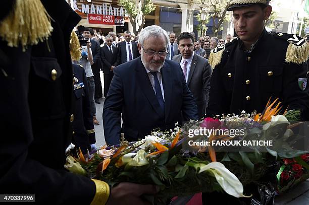 French Junior Minister for Veterans and Memory Jean-Marc Todeschini , lays a wreath in front of the Bouzid Saal memorial on April 19, 2015 during a...