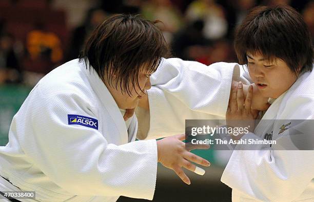 Megumi Tachimoto and Kanae Yamabe compete in the final of the 30th All Japan Women Judo Championship at Yokohama Cultural Gymnasium on April 19, 2015...