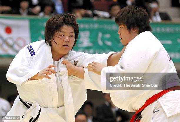 Megumi Tachimoto and Kanae Yamabe compete in the final of the 30th All Japan Women Judo Championship at Yokohama Cultural Gymnasium on April 19, 2015...