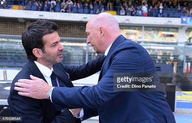 Head coach of Udinese Andrea Stramaccioni and head coach of Chievo Verona Rolando Maran before the Serie A match between AC Chievo Verona and Udinese...