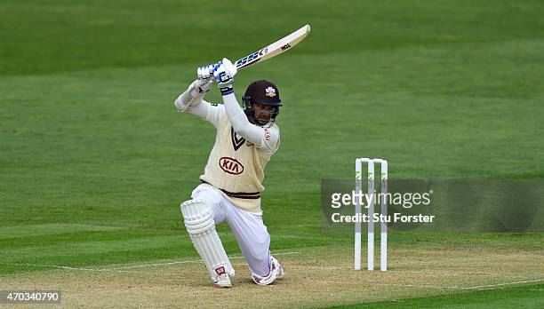 Surrey player Kumar Sangakkara cover drives a ball to the boundary during day one of the LV County Championships Division Two match between Glamorgan...
