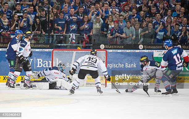 Andrew Joudrey of the Adler Mannheim scores the 2:0 during the game between Adler Mannheim and ERC Ingolstadt on April 19, 2015 in Mannheim, Germany.