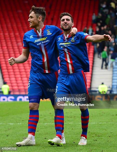 Greg Tansey and Ross Draper of Inverness Caledonian Thistle celebrate their teams victory over Celtic at full time, during the William Hill Scottish...