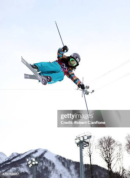 Manami Mitsuboshi of Japan is seen in action during a Freestyle Skiing training session at Rosa Khutor Extreme Park on day 12 of the Sochi Winter...