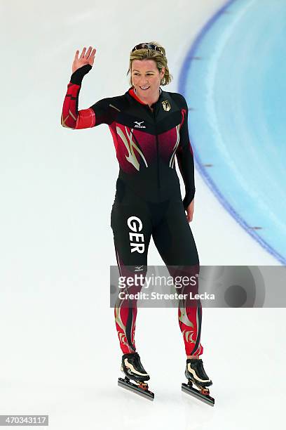 Claudia Pechstein of Germany reacts after during the Women's 5000m Speed Skating event on day twelve of the Sochi 2014 Winter Olympics at Adler Arena...