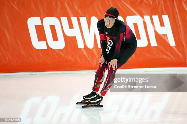 Claudia Pechstein of Germany reacts after during the Women's 5000m Speed Skating event on day twelve of the Sochi 2014 Winter Olympics at Adler Arena...