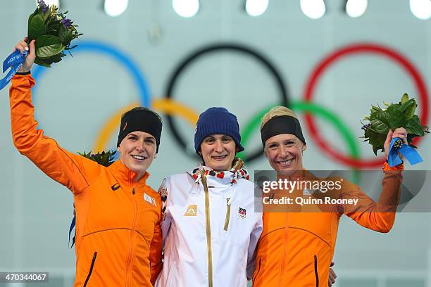 Silver medalist Ireen Wust of the Netherlands, gold medalist Martina Sablikova of the Czech Republic and bronze medalist Carien Kleibeuker of the...