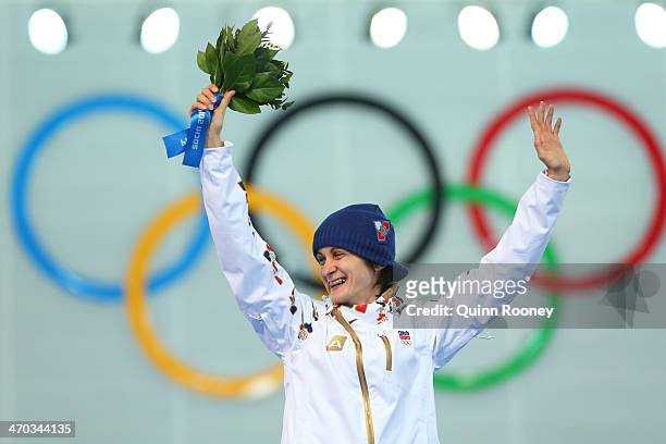 Gold medalist Martina Sablikova of the Czech Republic celebrates on the podium during the flower ceremony for the Speed Skating Women's 5000m on day...