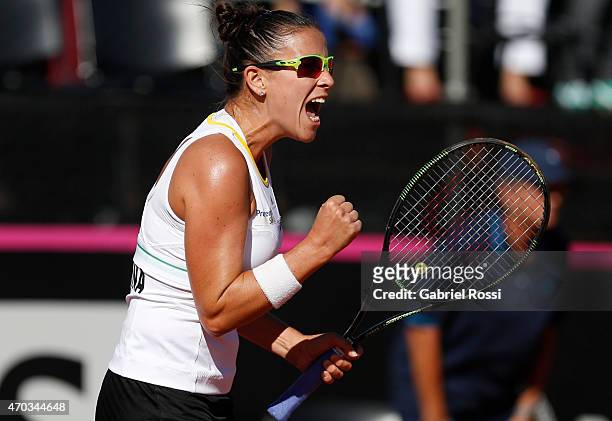 Paula Ormaechea of Argentina celebrates a point during a round 3 match between Paula Ormaechea of Argentina and Lara Arruabarrena of Spain as part of...
