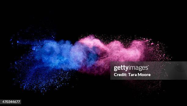 blue and pink smoke colliding - collision stock-fotos und bilder