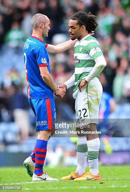 David Raven of Inverness Caledonian Thistle consoles Jason Denayer of Celtic at the final whistle during the William Hill Scottish Cup Semi Final...