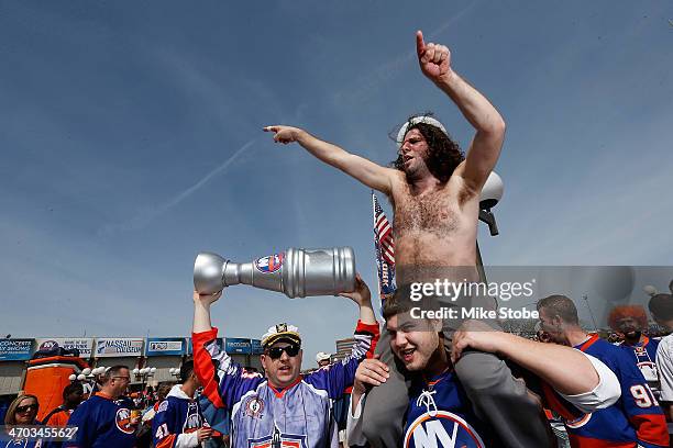 New York Islander fans are seen prior to the game between the New York Islanders and the Washington Capitals the during Game Three of the Eastern...