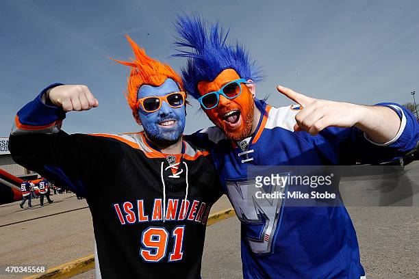 New York Islander fans are seen prior to the game between the New York Islanders and the Washington Capitals the during Game Three of the Eastern...