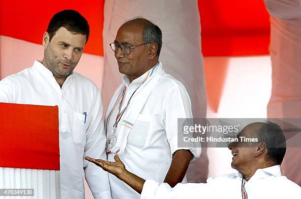 Congress Vice President Rahul Gandhi, Senior leaders AK Antony and Digvijay Singh during the farmers rally to galvanise protests against National...
