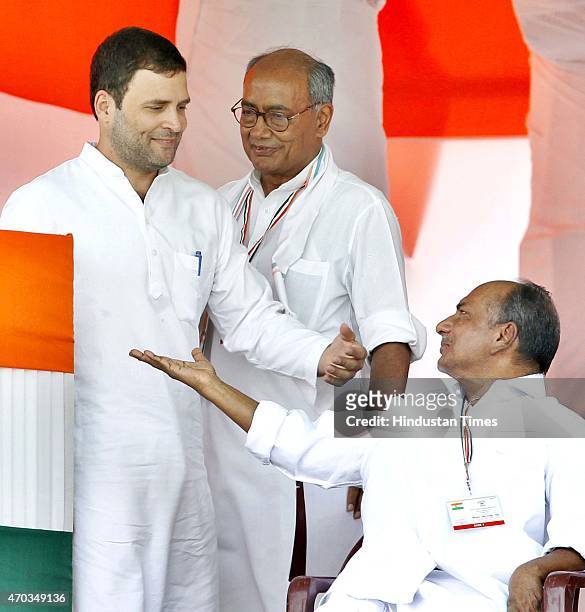 Congress Vice President Rahul Gandhi, Senior leaders AK Antony and Digvijay Singh during the farmers rally to galvanise protests against National...