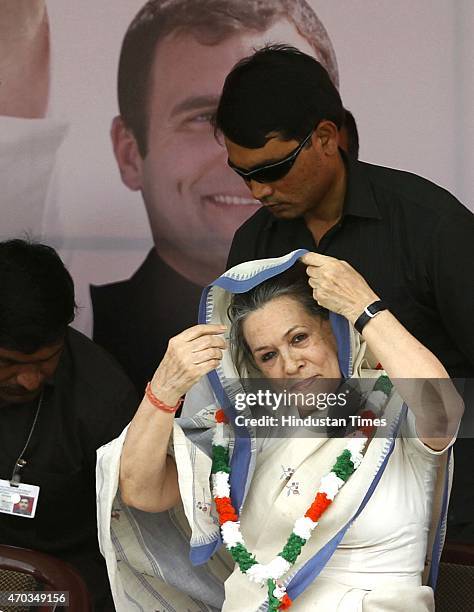 Congress President Sonia Gandhi during the farmers rally to galvanise protests against National Democratic Alliance's land acquisition law at Ramlila...