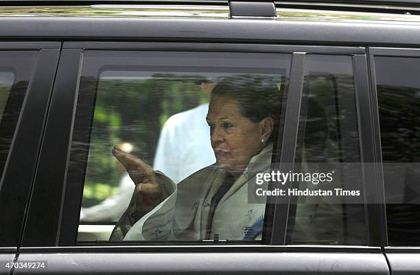 Congress President Sonia Gandhi proceeding to address the farmers rally to galvanise protests against National Democratic Alliance's land acquisition...