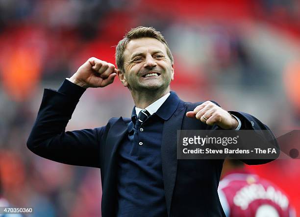 Tim Sherwood Manager of Aston Villa celebrates after the FA Cup Semi-Final match between Aston Villa and Liverpool at Wembley Stadium on April 19,...