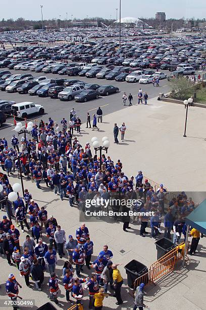 Fans arrive for the game between the New York Islanders and the Washington Capitals in Game Three of the Eastern Conference Quarterfinals during the...