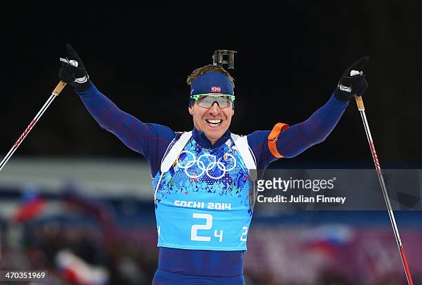 Emil Hegle Svendsen of Norway celebrates winning gold in the 2 x 6 km Women + 2 x 7 km Men Mixed Relay during day 12 of the Sochi 2014 Winter...