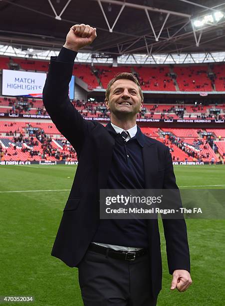 Tim Sherwood Manager of Aston Villa celebrates after the FA Cup Semi-Final match between Aston Villa and Liverpool at Wembley Stadium on April 19,...