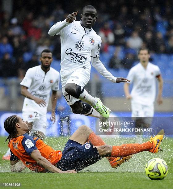 Caens French midfielder NGolo Kante vies with Montpelliers French defender Daniel Congre during the French L1 football match between Montpellier and...