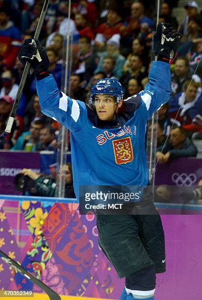 Finland forward Juhamatti Aaltonen celebrates his goal against Russia in the first period of a Winter Olympics quarterfinal at the Bolshoy Ice Dome...