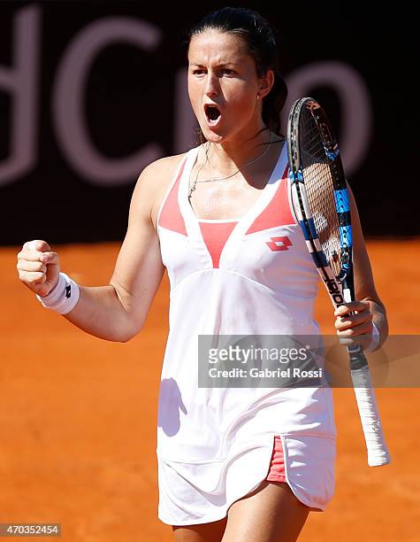 Lara Arruabarrena of Spain celebrates after winning the round 3 match between Paula Ormaechea of Argentina and Lara Arruabarrena of Spain as part of...