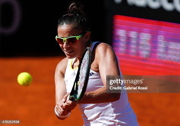 Paula Ormaechea of Argentina takes a backhand shot during a round 3 match between Paula Ormaechea of Argentina and Lara Arruabarrena of Spain as part...