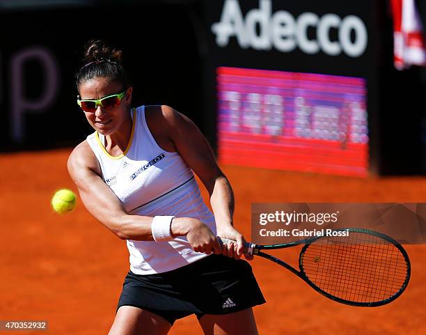 Paula Ormaechea of Argentina takes a backhand shot during a round 3 match between Paula Ormaechea of Argentina and Lara Arruabarrena of Spain as part...