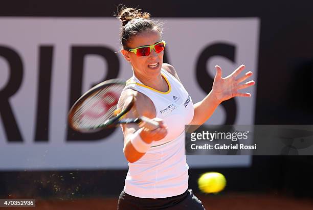 Paula Ormaechea of Argentina takes a forehand shot during a round 3 match between Paula Ormaechea of Argentina and Lara Arruabarrena of Spain as part...