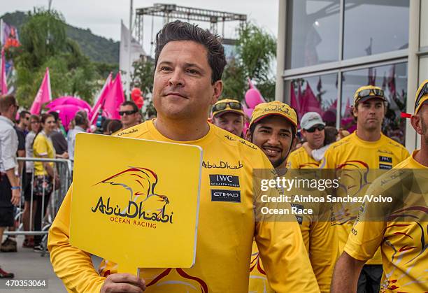 In this handout image provided by the Volvo Ocean Race, British comedian, Dom Joly, spends the day with Abu Dhabi Ocean Racing, joining them for the...