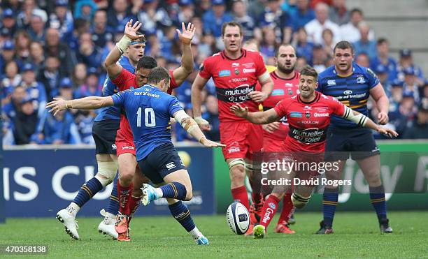 Jimmy Gopperth of Leinster attempts to win the match in normal time with a late drop goal attempt during the European Rugby Champions Cup semi final...