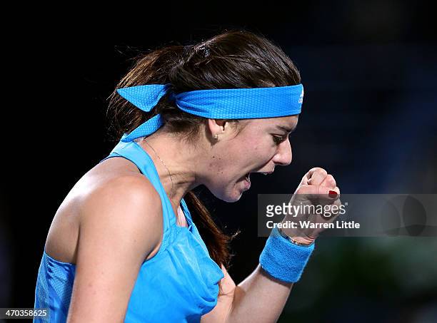 Sorana Cirstea of Romania celebrates a point againt Sara Errani of Italy during day three of the WTA Dubai Duty Free Tennis Championship at the Dubai...