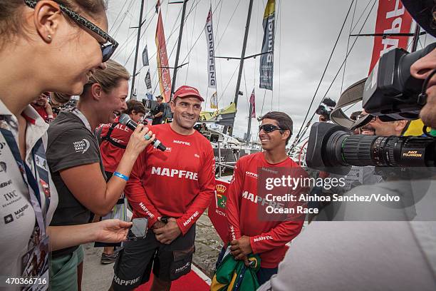 In this handout image provided by the Volvo Ocean Race, Skipper Xabi Fernandez and Andre Fonseca, aka Bochecha during a final interview before...