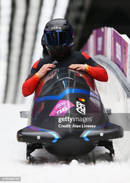 Anja Schneiderheinze and Stephanie Schneider of Germany team 3 compete during the Women's Bobsleigh on Day 12 of the Sochi 2014 Winter Olympics at...