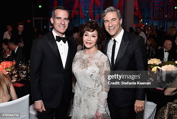 Los Angeles Mayor Eric Garcetti, LACMA Trustee and 50th Anniversary Gala Co-Chair Lynda Resnick and LACMA Director Michael Govan attend the LACMA...